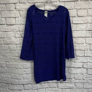 LL Bean Womens Eyelet V Neck Blue Swim dress Cover-Up medium